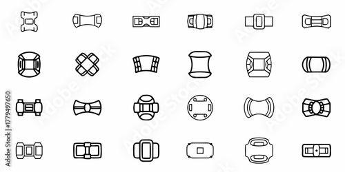 Illustration of various buckle designs in black outline against a white background showcasing different shapes