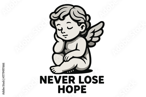 Cute cherub sitting quietly with a message encouraging hope in a simple and clear design art piece