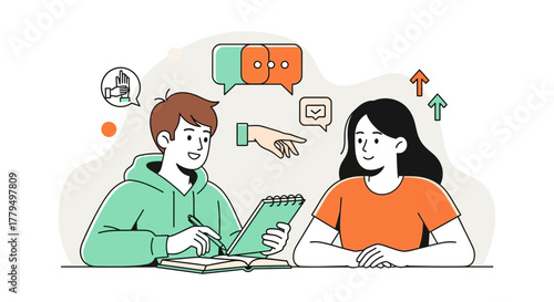 Illustration Of Two People Collaborating With Notes And Communication Bubbles