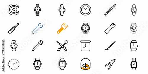 Illustration showing various tools and timepieces including watches and clocks in a grid pattern