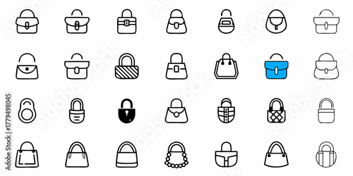 Collection of twenty seven different handbag and purse icons in a line art style design set up