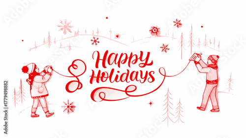 Children communicating with a tin can telephone across a snowy winter landscape with happy holidays text