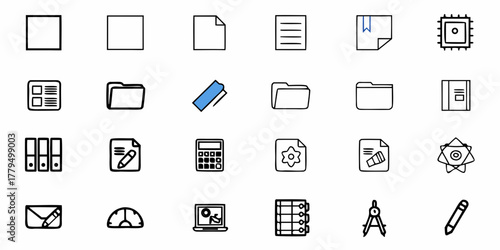 Collection of various office and business icons including files folders and stationery items in black outline
