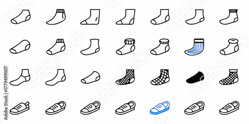 Various types of socks and shoes in a grid pattern showing different styles and designs of footwear