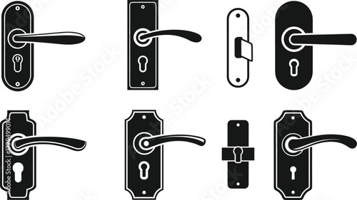 Door handle design grid, lock plate variations, modern and classic styles, hardware selection, interior architecture, vector illustration, keyhole options