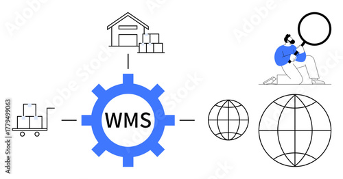 Gear icon labeled WMS connects a warehouse, pallet truck, global networks, and a person analyzing with magnifier. Ideal for logistics, inventory, warehousing, supply chain, technology distribution