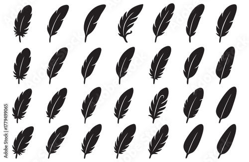 Elegant black feather silhouettes arranged on a white background for artistic design elements
