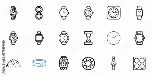 A collection of various time related icons including wristwatches and clocks in a vector graphic