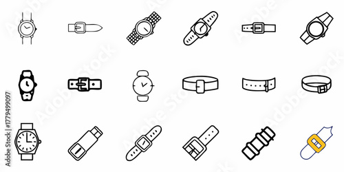 Illustration of various watches and belts with different styles and buckle designs on a white background