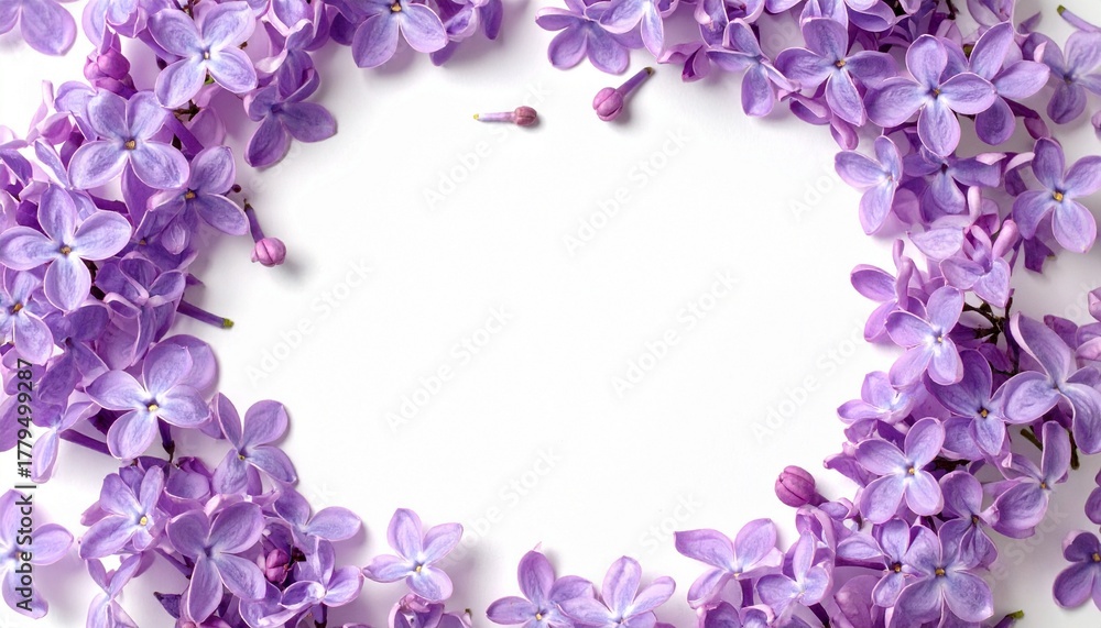 Obraz premium Vibrant Purple Lilac Floral Frame with Center Copy Space on High-Key White Background
