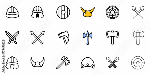 Collection of viking themed icons including helmets shields axes and spears in a cartoon style design
