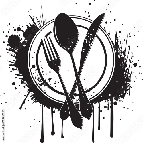 Plate, spoon and fork graffiti with black spray paint. vector illustration