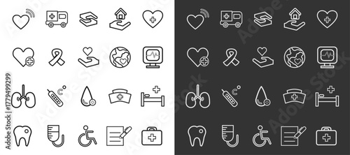 Essential healthcare icons offering a clean, modern design for medical, charity and awareness campaigns showing care, hope, and professional service