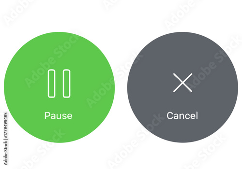 Clean pause and cancel buttons in a modern design. Bright green and dark gray circles with clear text labels. Suitable for website UI design and digital interfaces.