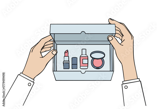 Hands open a beauty makeup box, showcasing various cosmetics. Clean, modern illustration style. Ideal for beauty product promotion and tutorials.