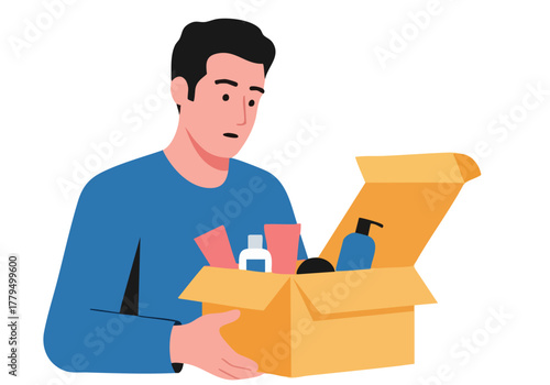 A surprised young man examines a box of beauty products. Clean, modern illustration style. Focus on product reveal and curiosity.