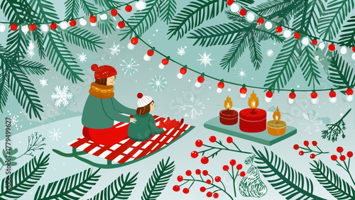 Mother and child on a sled enjoy a festive winter scene with christmas lights and candles