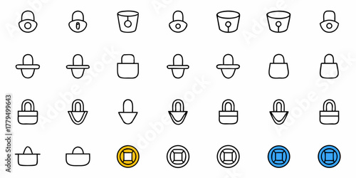 Illustration showing various outlined icons including locks, buckets, and coins arranged in rows and columns