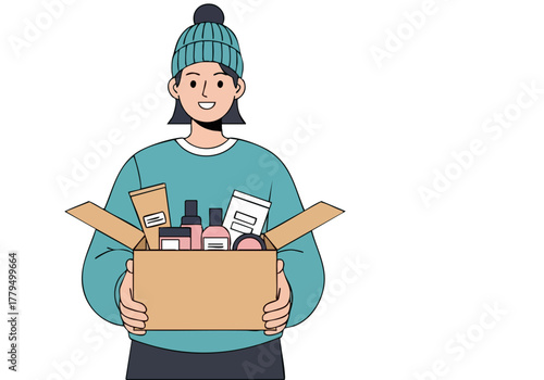 A smiling young woman holds a box of beauty products, showcasing a Smart Unbox subscription. Clean, modern illustration style.
