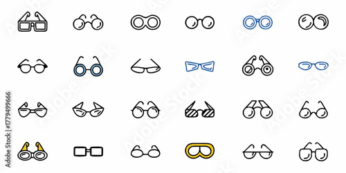 Collection of various styles of eyewear including glasses and binoculars in different shapes and designs