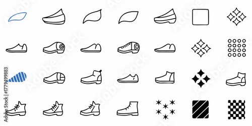 Various footwear styles and patterns displayed in a grid format illustration line drawing style