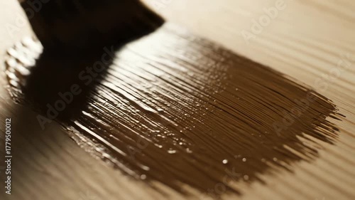 Applying Wood Stain to Surface With Brush Closeup