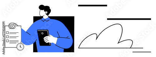 Man with tablet and checklist representing task management, efficiency, and organization. Clock for time management and simple cloud symbol. Ideal for productivity, deadlines, planning, cloud