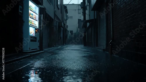 Rainy Alleyway with Vending Machine in Urban Cityscape
