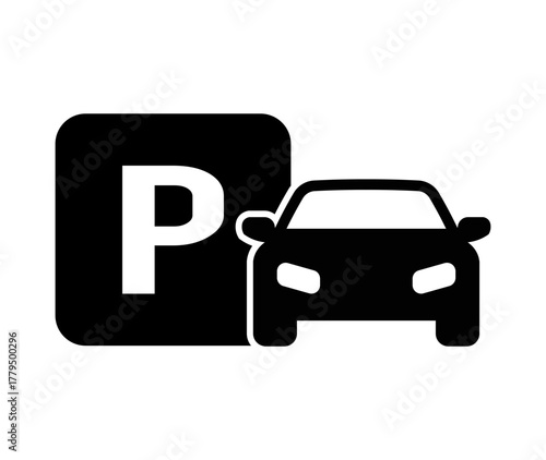 Simple black and white silhouette icon representing a parking lot with a car symbol next to a large letter p sign