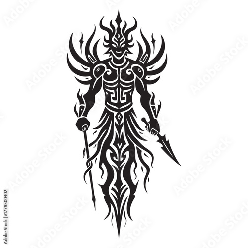 Tribal warrior spirit with ornate armor and fiery headdress holding a spear and sword in a fierce stance
