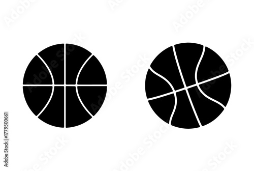Two black basketballs depicted as simple graphic icons with white lines on a clean white background showcasing classic sports equipment