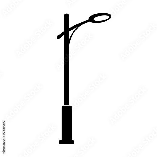 A simple black silhouette of a modern street lamp with a curved arm and a single light fixture against a clean white background