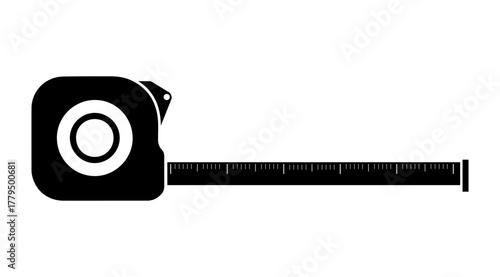 Black silhouette of a measuring tape with the tape extended and a white background representing measurement and precision in construction and diy projects