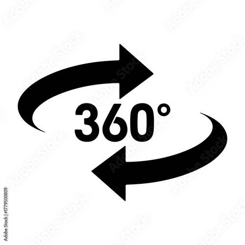 A black and white graphic illustration featuring a circular arrow symbol with the number 360 degrees prominently displayed in the center representing rotation and a full circle view