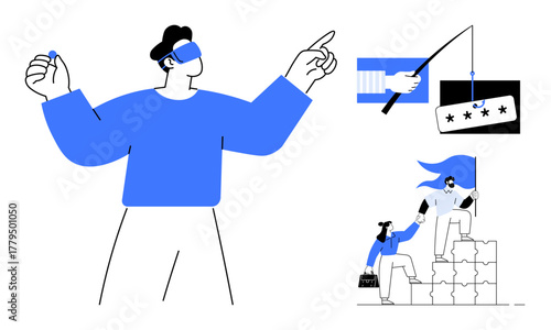 Person in blue pointing outward wearing VR headset, guiding hand fishing for stars, colleagues supporting and climbing blocks. Ideal for leadership, collaboration, virtual reality, strategy