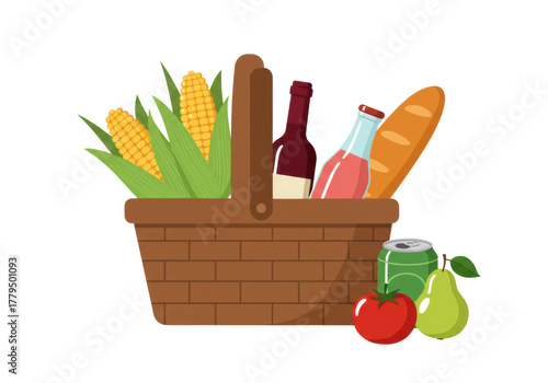 Vibrant cartoon illustration: brown picnic basket overflowing, corn, baguette, wine, juice, tomato, pear, on transparent background, copy space, cheerful outdoor meal concept