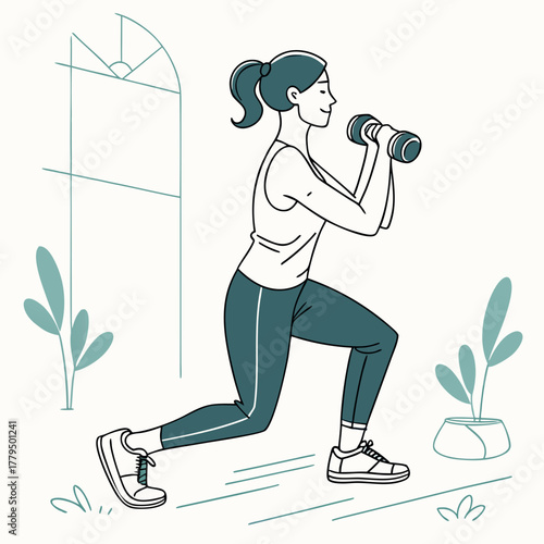 Woman doing lunges with dumbbells in a bright airy space