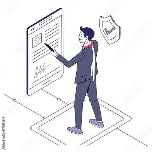 Man signing digital document with shield icon in the image
