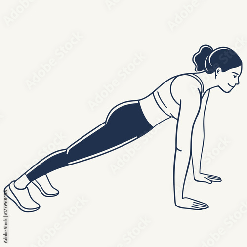 Woman in plank position wearing leggings and sports bra pose