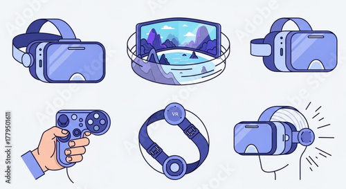 Virtual reality vector icons set collection of outline symbols related to vr headset, controller, device, simulation, game and entertainment