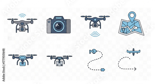 Set of drone icons, aerial photography and surveying for construction, agriculture, and environmental monitoring