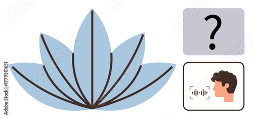 Blue lotus flower symbolizing serenity, paired with a persons voice recognition interface and a large question mark for mystery. Ideal for mindfulness, digital identity, AI, self-discovery