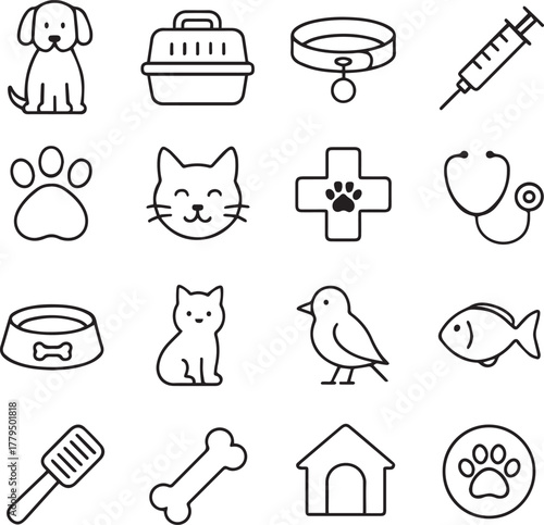 Vector monochrome line icon set about pet and veterinary