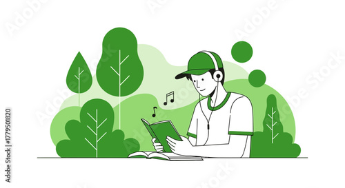 A Person Reads, Listens To Music In Nature Environment And Enjoys Green Ambiance.