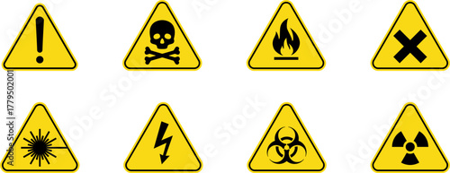 Hazard danger vector signs set. Radiation sign, High voltage sign, Exclamation point, Biohazard sign, Gas flame sign, Toxic sign, Laser, CO2, Magnet, Low temperature, EX. Road, Caution warning danger