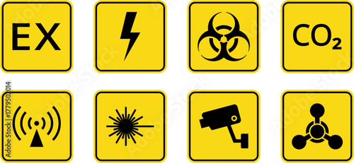 Hazard danger vector signs set. Radiation sign, High voltage sign, Exclamation point, Biohazard sign, Gas flame sign, Toxic sign, Laser, CO2, Magnet, Low temperature, EX. Road, Caution warning danger