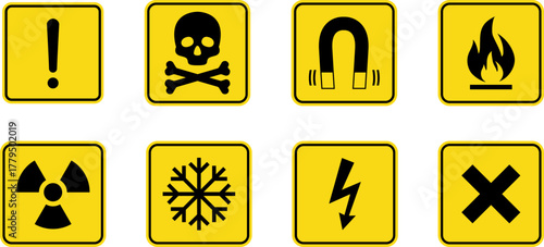 Hazard danger vector signs set. Radiation sign, High voltage sign, Exclamation point, Biohazard sign, Gas flame sign, Toxic sign, Laser, CO2, Magnet, Low temperature, EX. Road, Caution warning danger