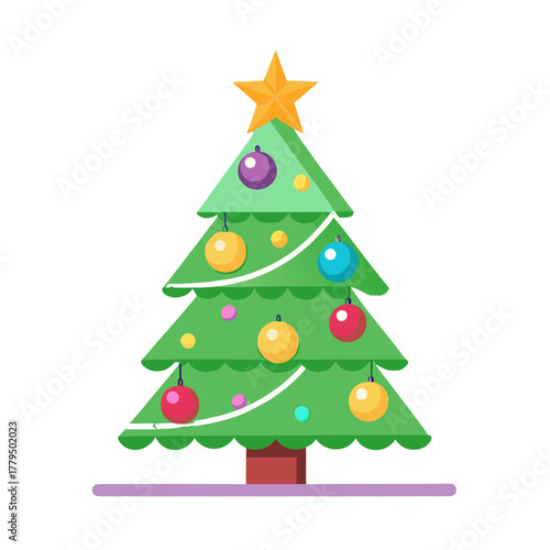 Flat vector Icon of a decorated Christmas tree with star, ornaments, and garlands. Perfect for holiday.