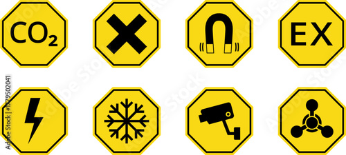 Hazard danger vector signs set. Radiation sign, High voltage sign, Exclamation point, Biohazard sign, Gas flame sign, Toxic sign, Laser, CO2, Magnet, Low temperature, EX. Road, Caution warning danger