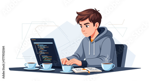 A Young Programmer Deeply Focused Working on a Modern Code Project on His Laptop